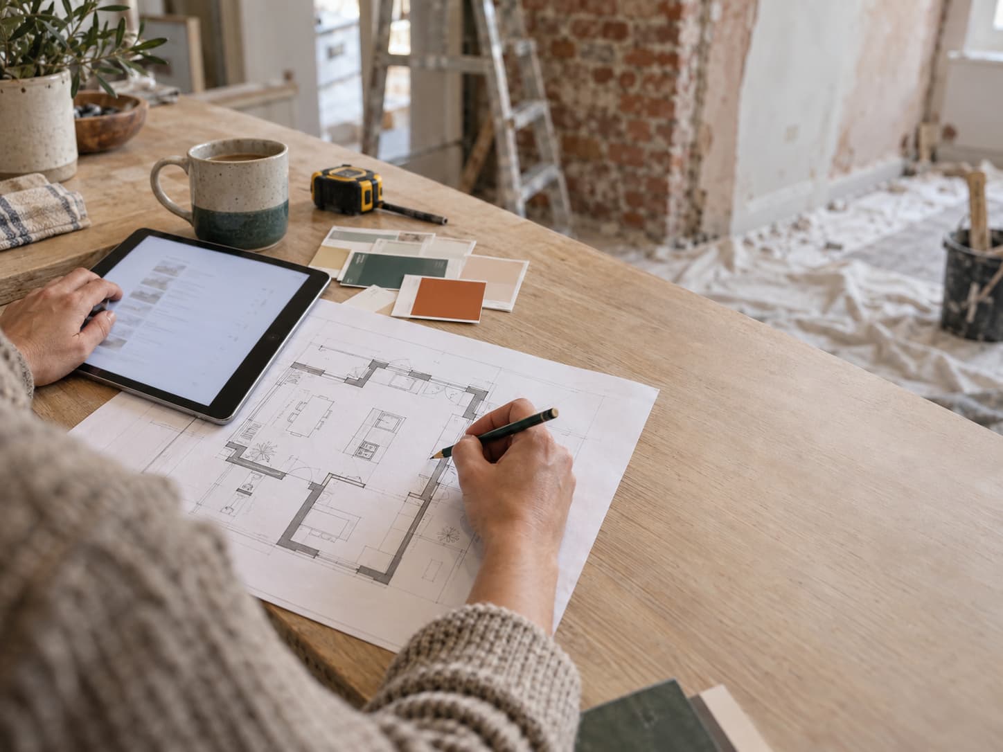 Hands marking up a floor plan beside a tablet in a half-stripped kitchen