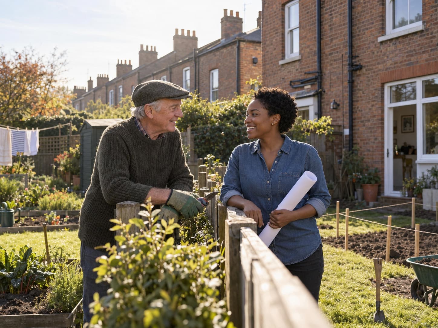Two neighbours chatting over a garden fence behind their terraced houses