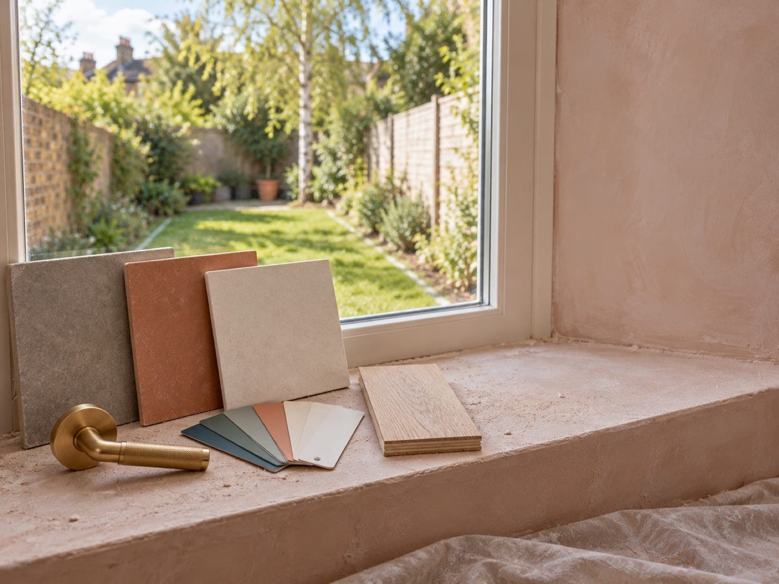 Tile samples, a door handle and a paint card on a window sill in the plastered extension