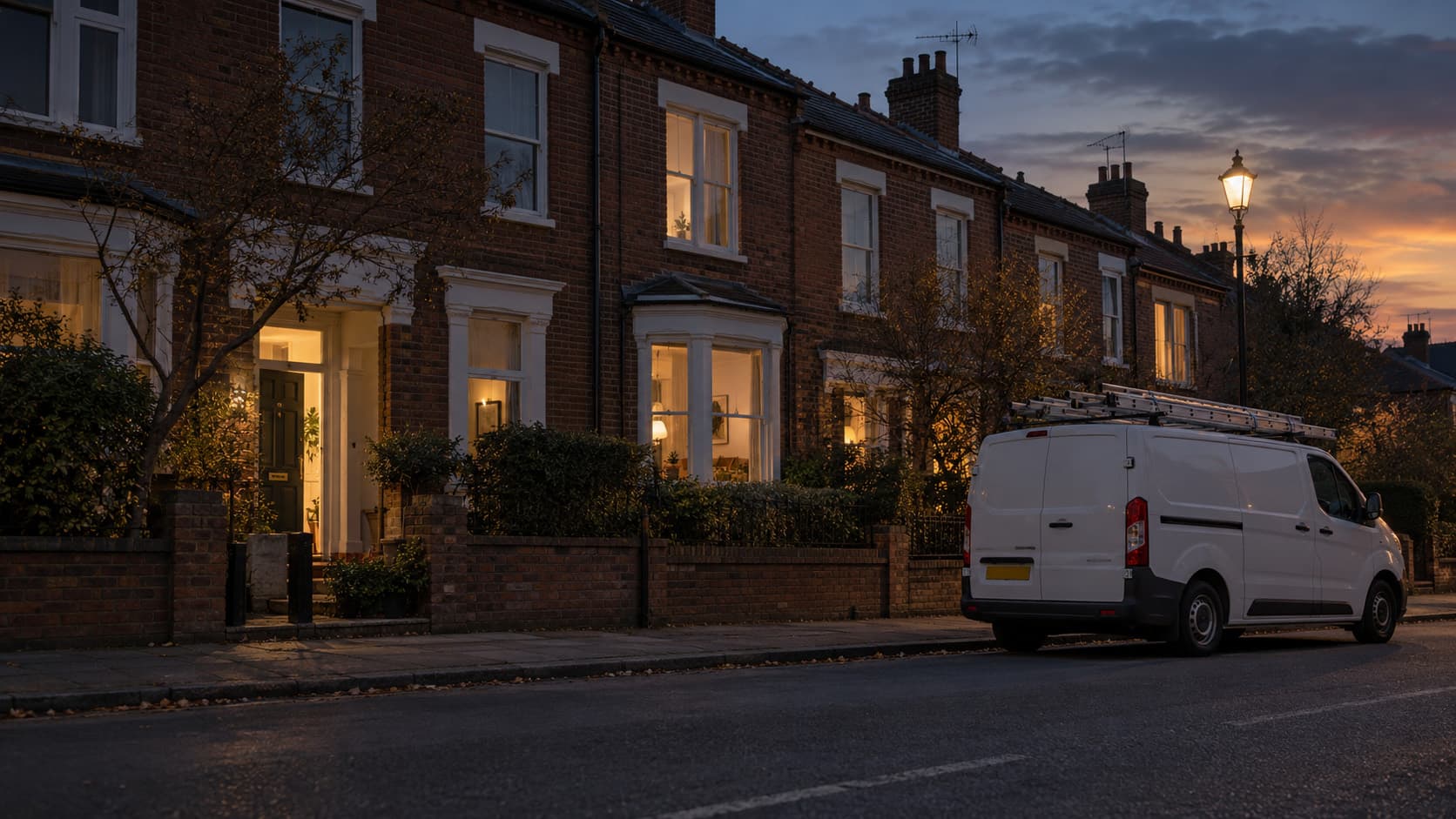 A builder’s van parked outside a home at dusk, house lights on