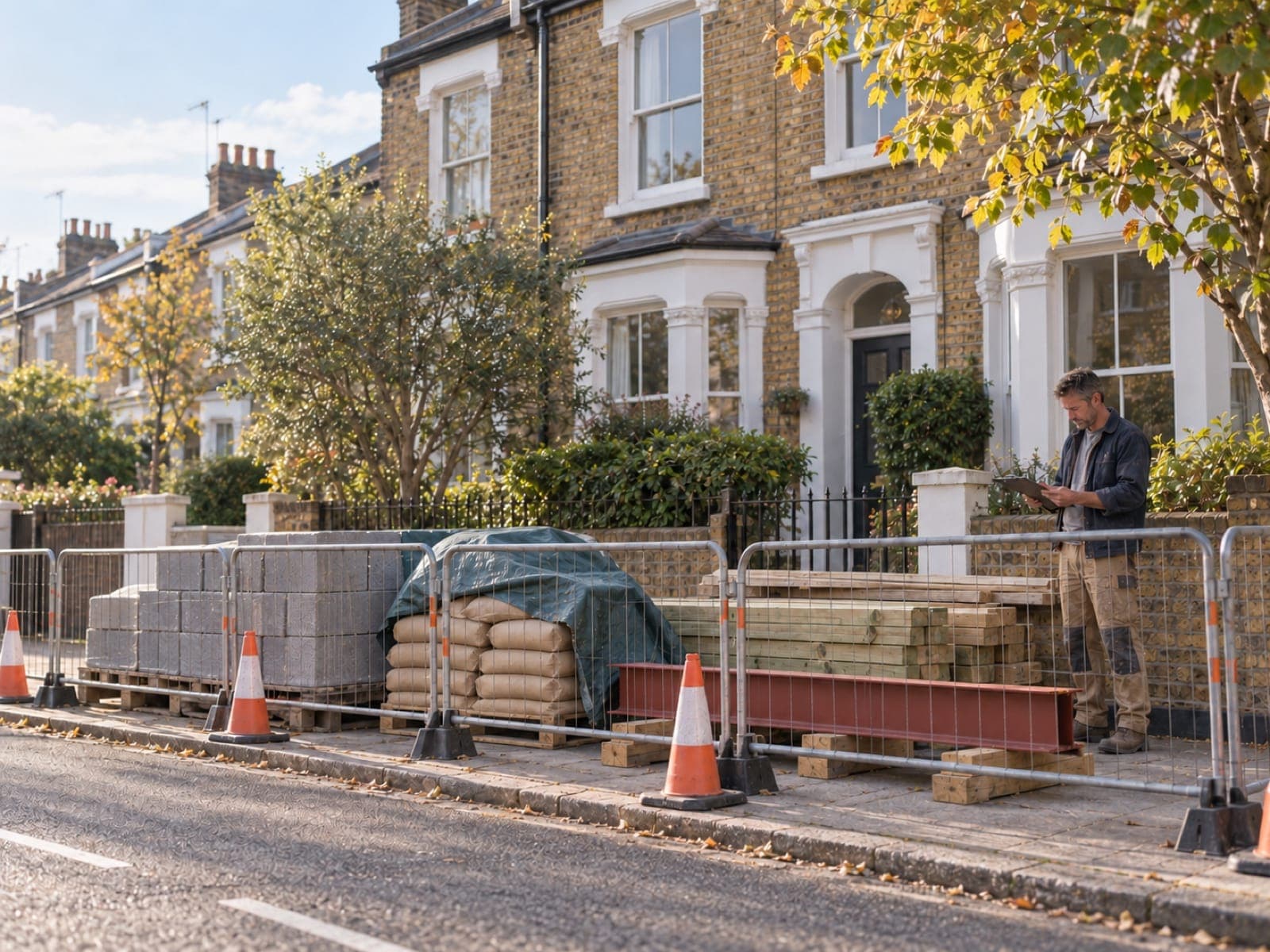 Materials delivered to the front of the terrace, ready for the build