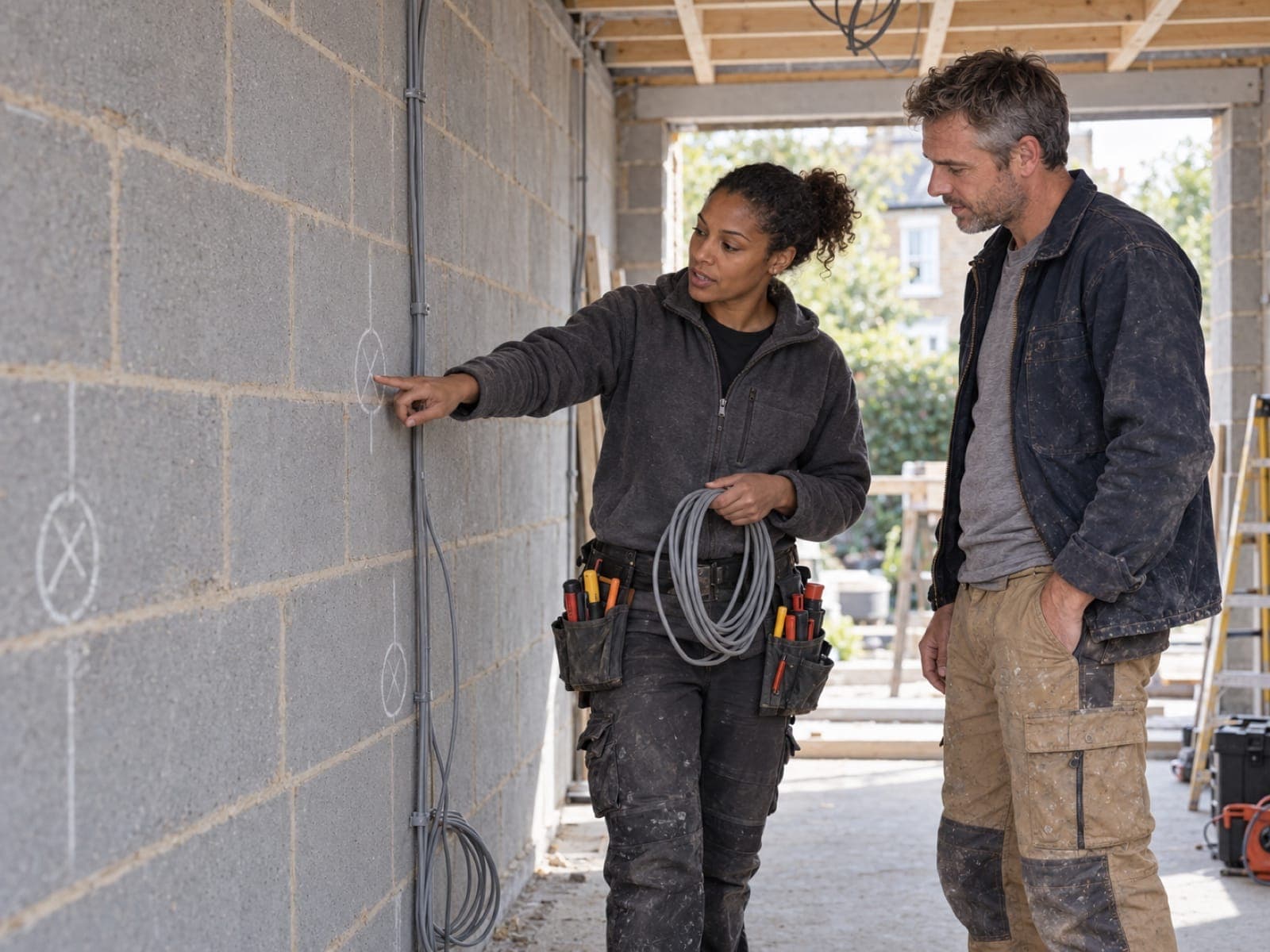 An electrician and the builder look over the bare walls of the new extension