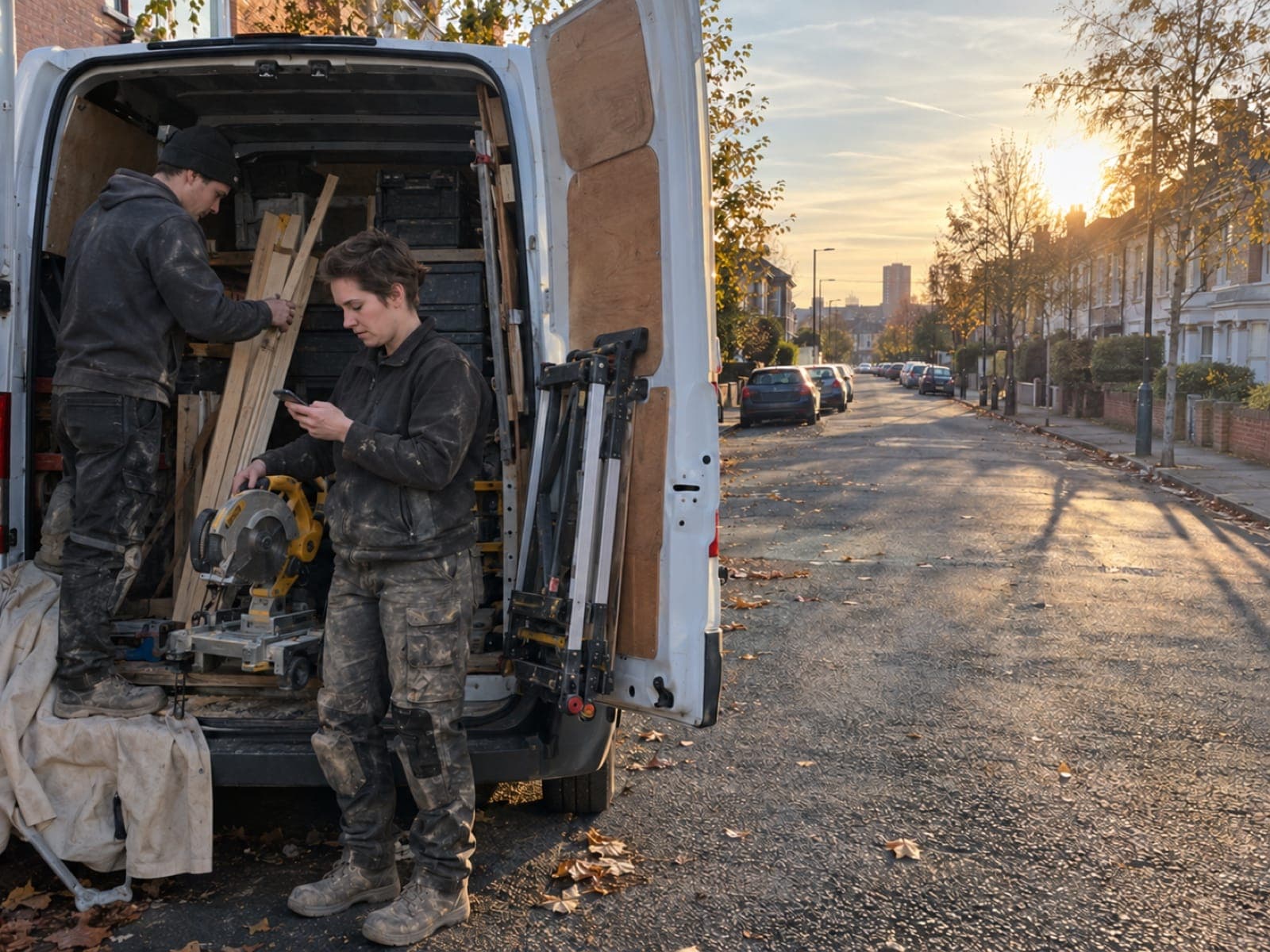 A joiner checks a message as she loads the van at the end of the day
